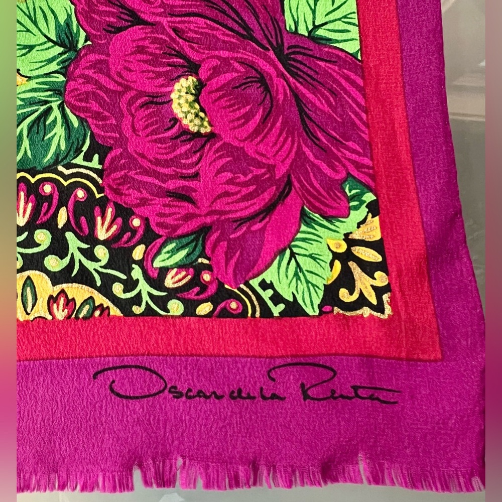 🌺Vibrant Sheer Silk Pink Floral Scarf by Oscar de la Renta | 51”x10.5” - Picture 16 of 17